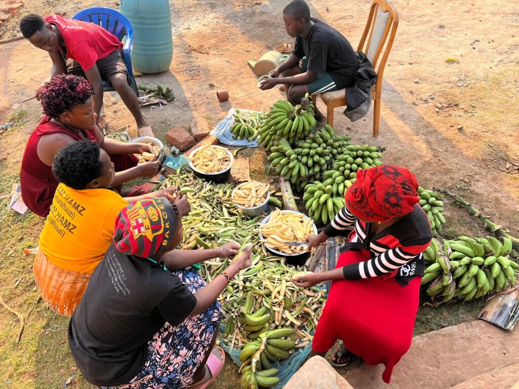 Members of the community sitting together peeling green banana for the day’s production